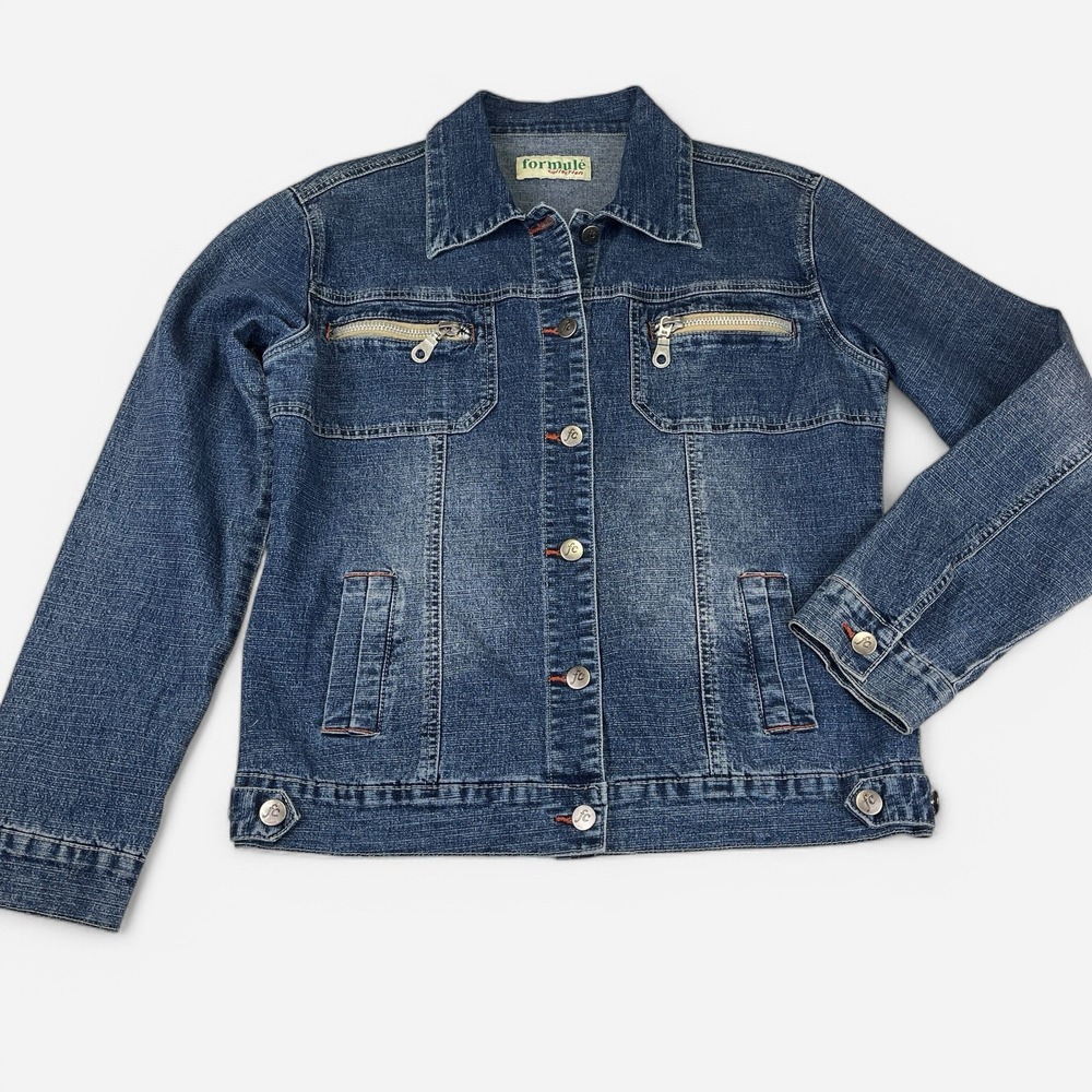 Vintage 1990s Womens Trucker Jacket Large Faded Denim Jean Formule Zipper Button